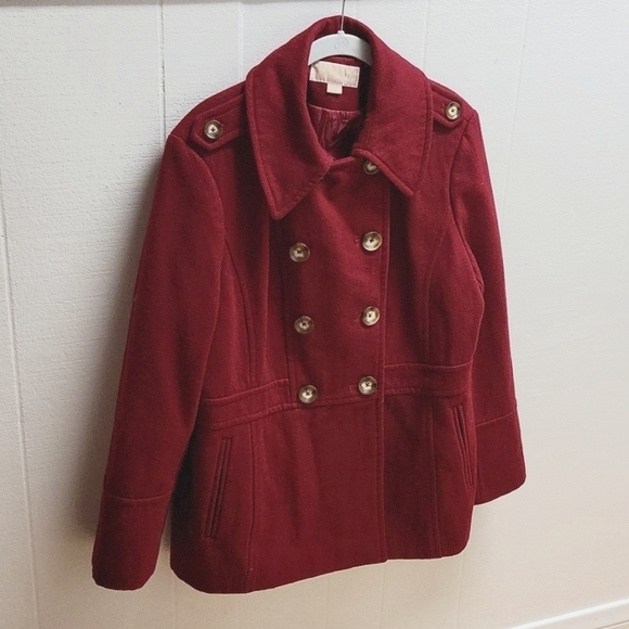 MICHAEL KORS Womens Pea Coat Wool Blend Double Breasted Red Sz Large - Picture 1 of 9